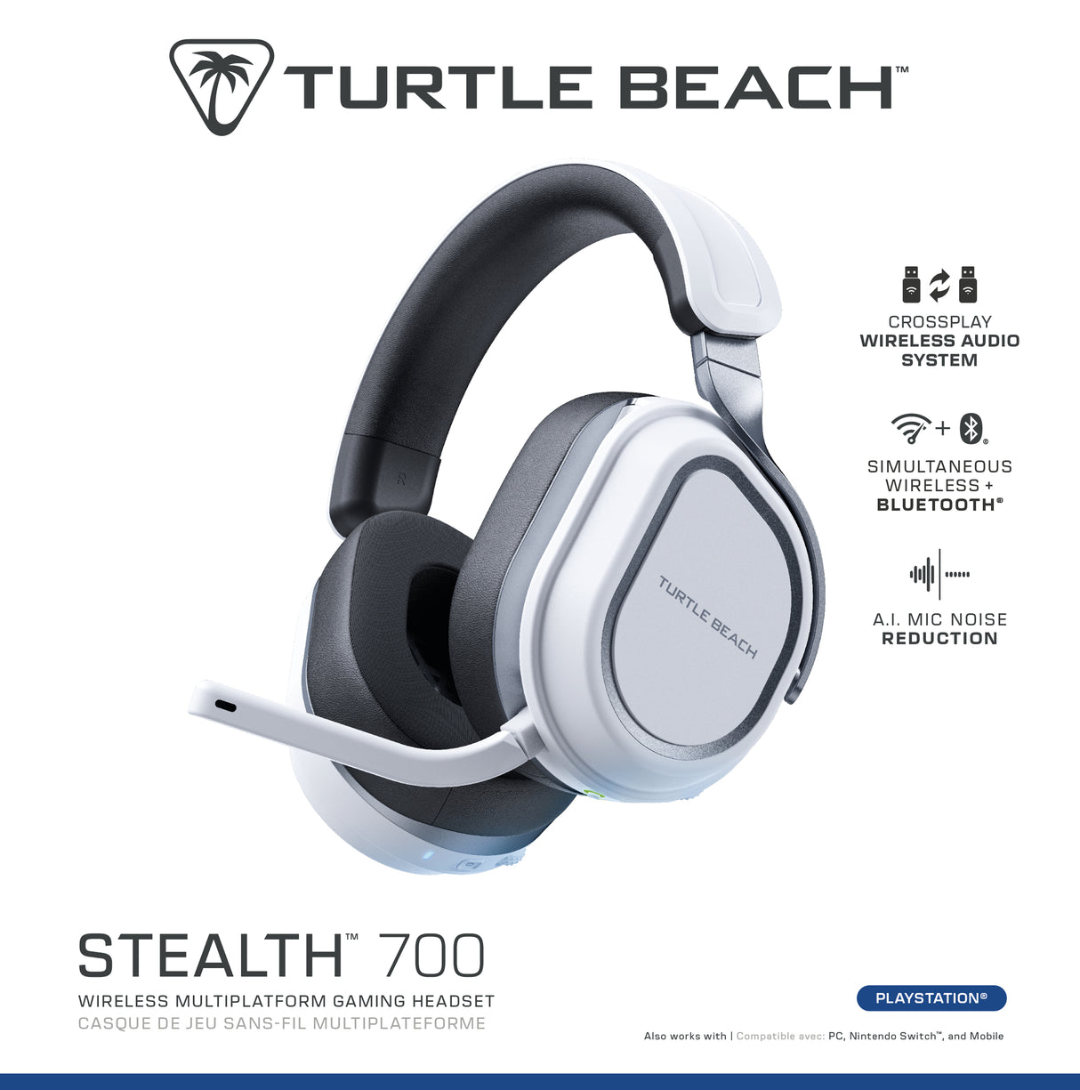 Casque gaming sans fil - Turtle Beach Stealth™ 700P (Gen3) - Blanc - PS5, PS4, PC, mobile, 60mm, Bluetooth, 80h