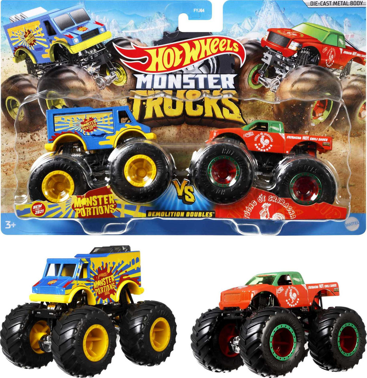 Hot Wheels - Coffret 2 véhicules Monster Truck Double Démolition  - Petites Voitures - 3 ans et + FYJ64