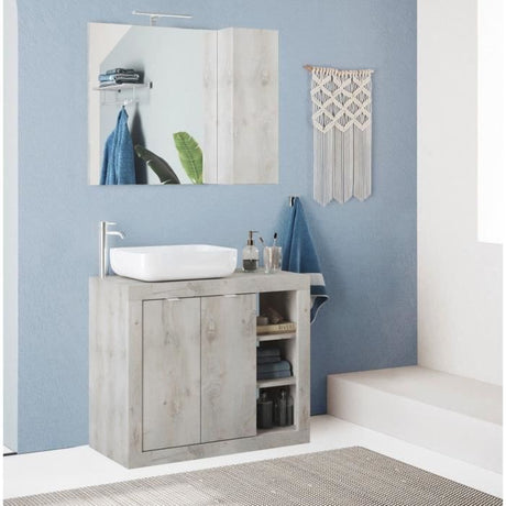 Meuble simple vasque - 2 Portes + 3 niches  - L 92 x P47 x H 90cm - effet chene pin clair