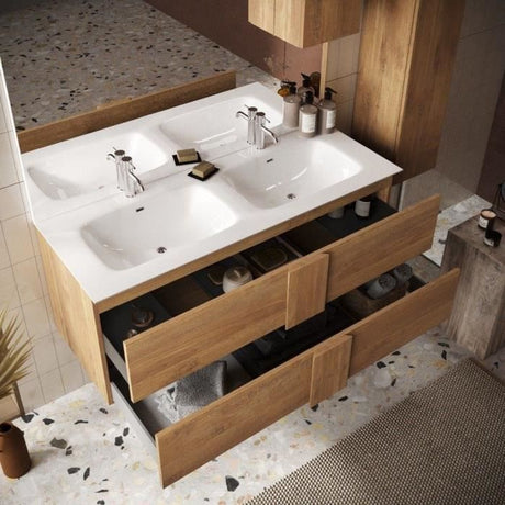 Meuble suspendu double vasque - 2 tiroirs -  L120 x H53 x P47cm - Coloris chene mercure - Style scandinave - JUNE