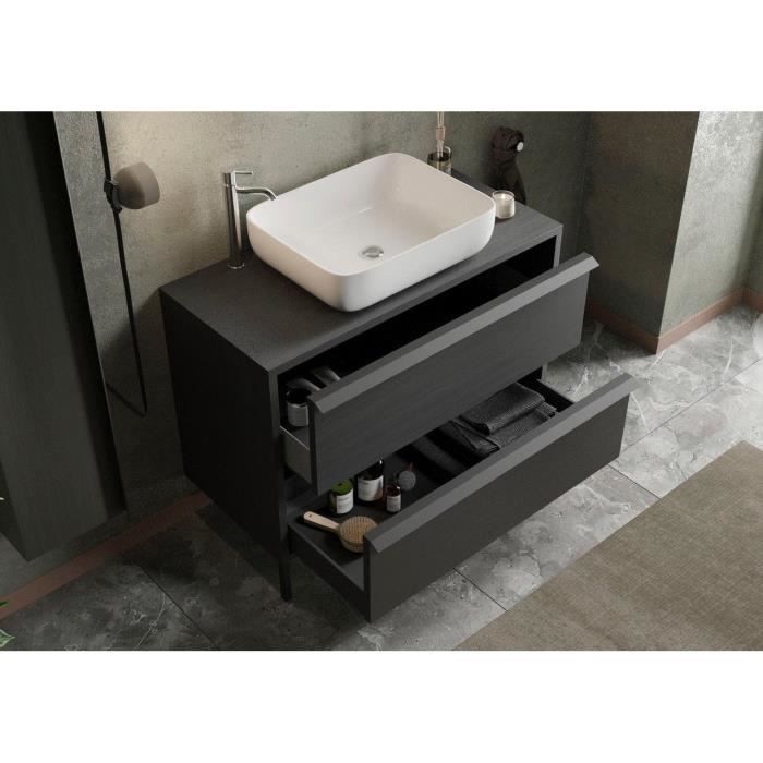 STEEL - Ensemble Meuble salle de bain sur pieds L 92cm + vasque + 2 Tiroirs  - Coloris Chene noir brulÈ