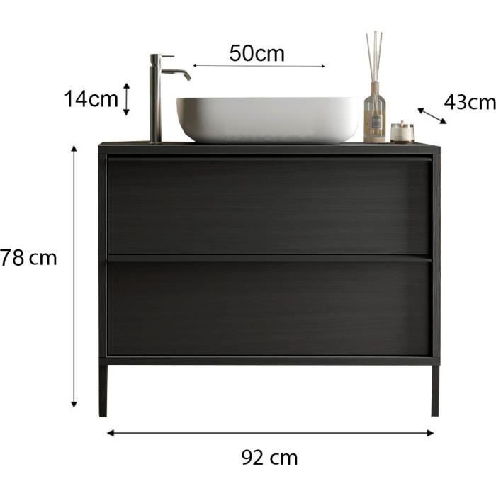 STEEL - Ensemble Meuble salle de bain sur pieds L 92cm + vasque + 2 Tiroirs  - Coloris Chene noir brulÈ