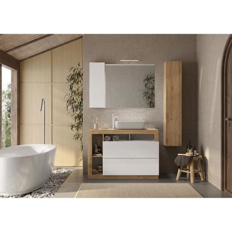 Ensemble meuble Salle de bain 110cm simple vasque + colonne - Coloris chene clair et laqué blanc - HAMBOURG