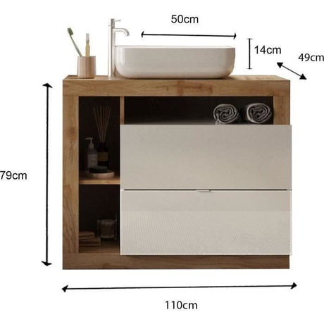 Ensemble Meuble salle de bain  L110cm - Vasque + 2 Tiroirs + 3 niches - Coloris chene clair et laqué blanc - HAMBOURG