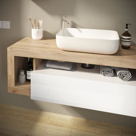 Ensemble Meuble salle de bain  L110cm - Vasque + 2 Tiroirs + 3 niches - Coloris chene clair et laqué blanc - HAMBOURG