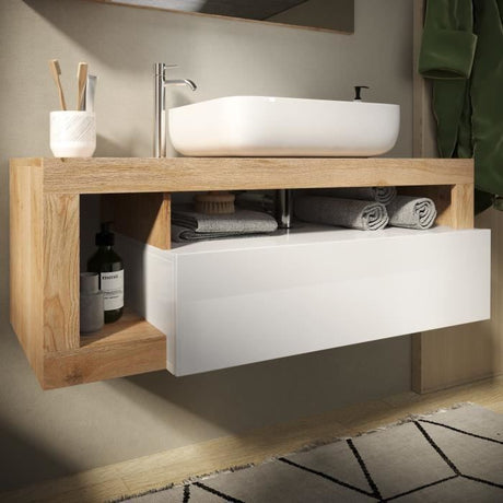Ensemble Meuble salle de bain  L110cm - Vasque + 2 Tiroirs + 3 niches - Coloris chene clair et laqué blanc - HAMBOURG