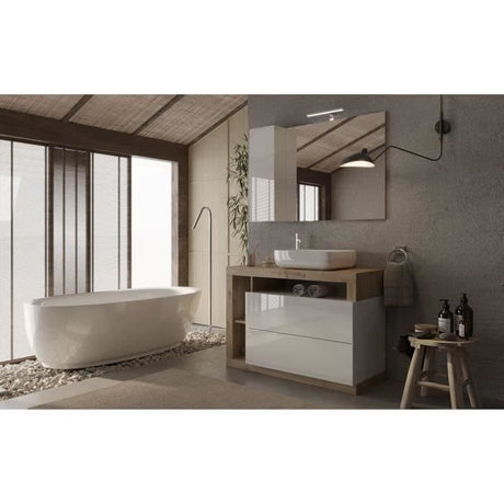 Ensemble Meuble salle de bain  L110cm - Vasque + 2 Tiroirs + 3 niches - Coloris chene clair et laqué blanc - HAMBOURG