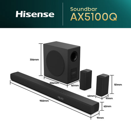 Barre de son - HISENSE - AX5100Q - 5.1.2 Canaux - Dolby Atmos & DTS:X - 340W - Caisson et enceintes arriere sans fil