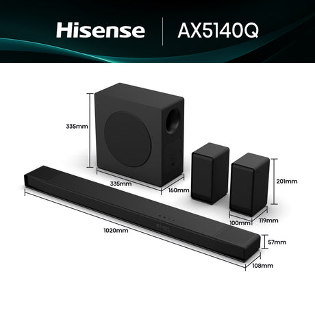 Barre de son - HISENSE - AX5140Q - 5.1.4 Canaux - Dolby Atmos & DTS:X - 520W - Caisson et enceintes arriere sans fil - HDMI eARC
