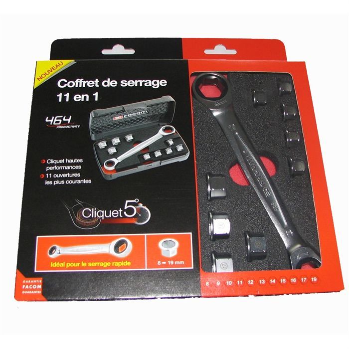 Coffret de Clés Polygonales a Cliquets 11 en 1 FACOM - 464.J1APB (Livrée avec 1 jeu de 9 bagues + 1 Boîtier plastique de rangement)