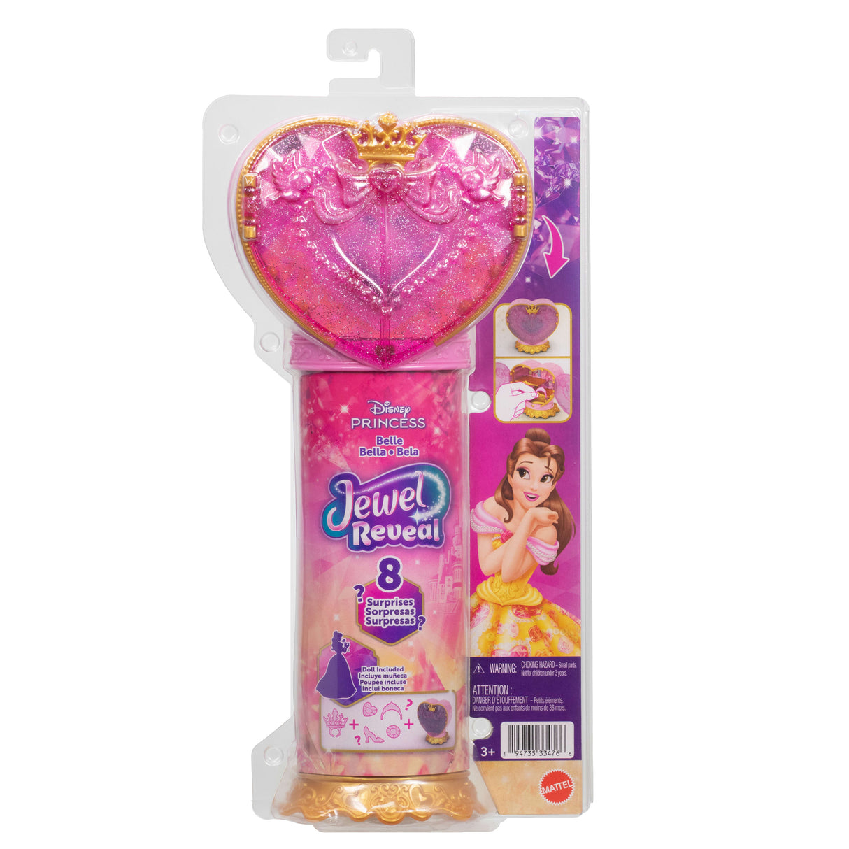Poupée Jewel Reveal Belle, Accessoires avec 8 surprises, 1 boîte a bijoux en forme de coeur, 1 bague pour enfant et 9 éléments, JHL51