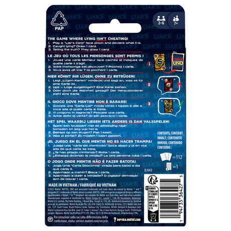 UNO Liar's - Jeu de cartes pour adultes, enfants, familles - Jeu d'astuce et de bluff - Mattel Games - JLH43 - 7 ans et +