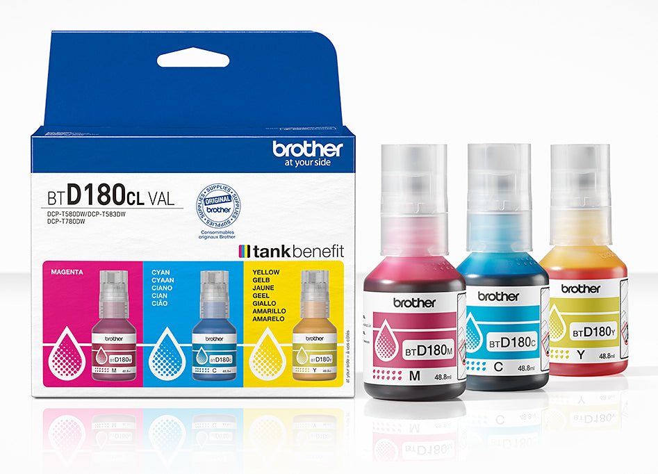 Bouteille d'encre - Brother - BTD180CLVAL - Cyan/Magenta/Jaune - 5000 pages - Pack de 3 - Standard
