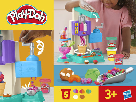 PlayDoh Mes Glaces Arc-en-Ciel, Pâte a modeler, Machine a Creme Glacée factice, 5 pots de 56 g  et accessoires, des 3 ans