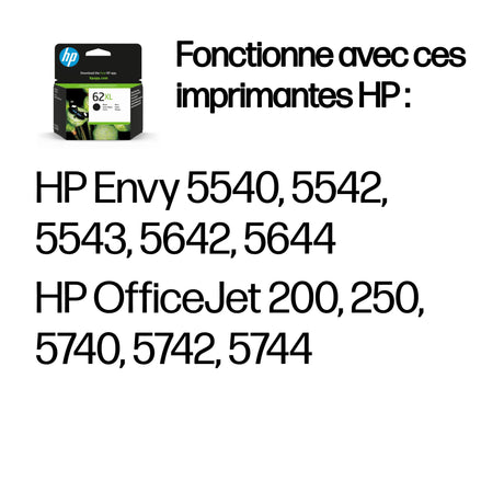 HP 62XL Cartouche d'encre noire grande capacité authentique (C2P05AE) pour Officejet Mobile 250, Envy 5540/5640/7640, Officejet