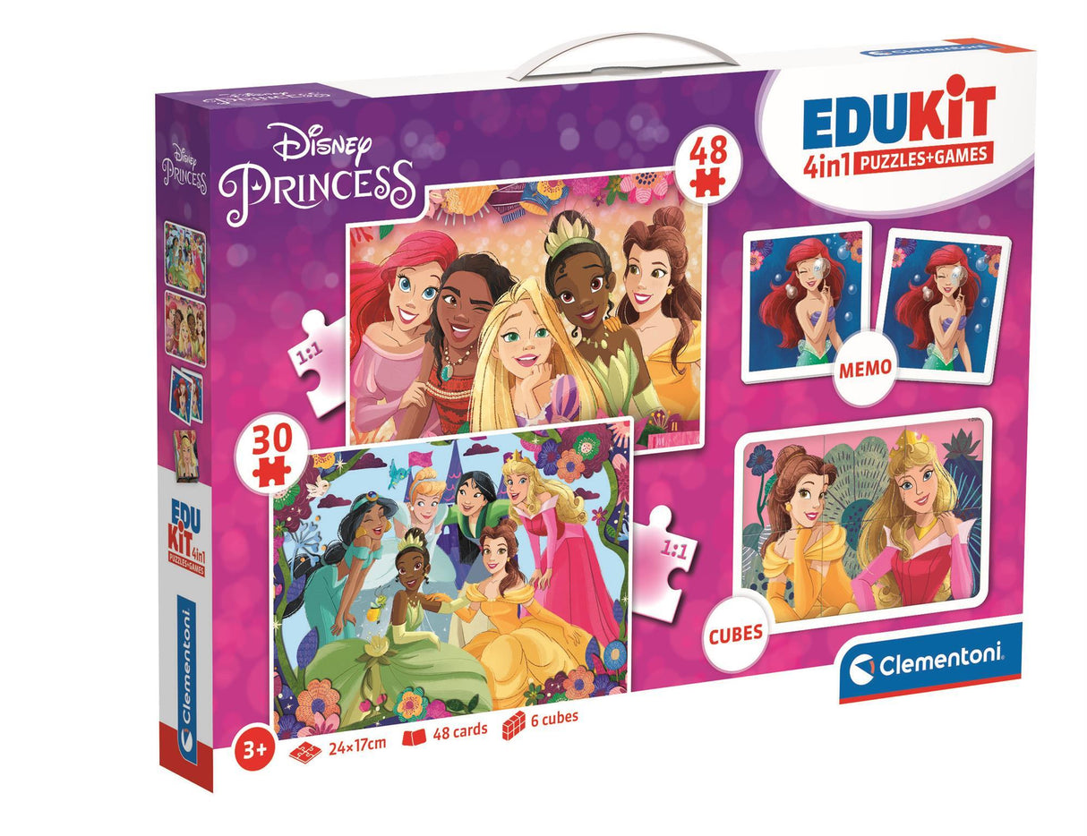 Clementoni - Edukit - Disney Princesses - Coffret apprentissage 4 en 1 - 2 puzzles, 1 mémo, 1 jeu de 6 cubes - Fabriqué en Italie
