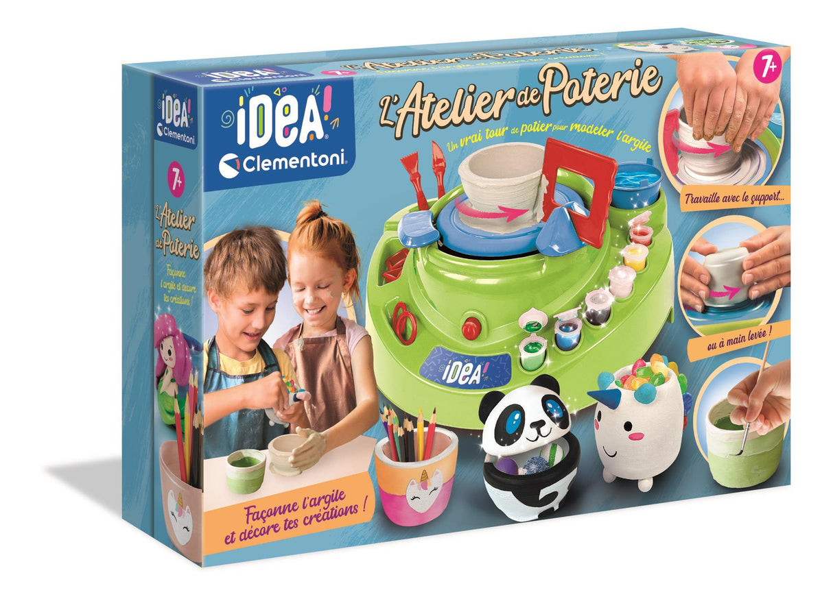 CLEMENTONI - L'atelier de Poterie - Tour de Potier Électrique - Des 7 Ans - Coffret Complet avec Argile, Peinture, Moules