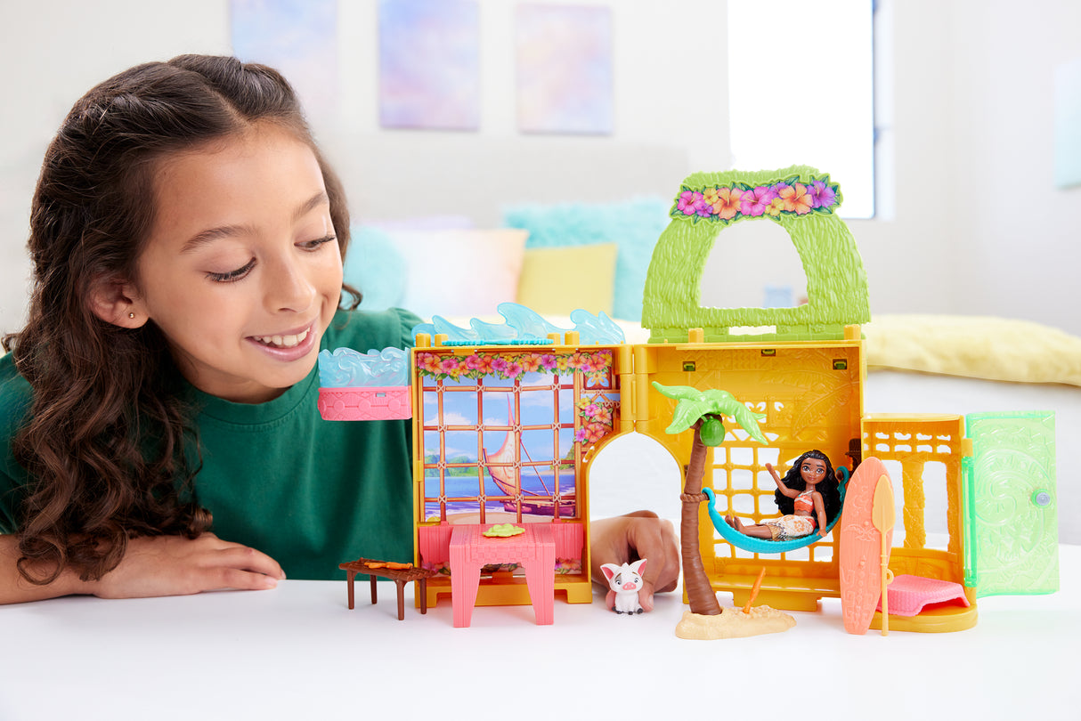 Disney Vaiana Histoires a empiler Coffret de maison de poupée avec une petite poupée Vaiana, 1 ami animal et 9 accessoires - MATTEL