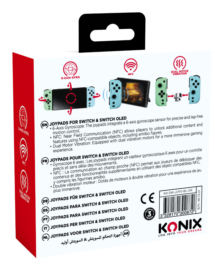 Manettes Joypads - Nintendo Switch et Switch OLED - KONIX - Autonomie 8 h - Fonction vibration - Vert et bleu