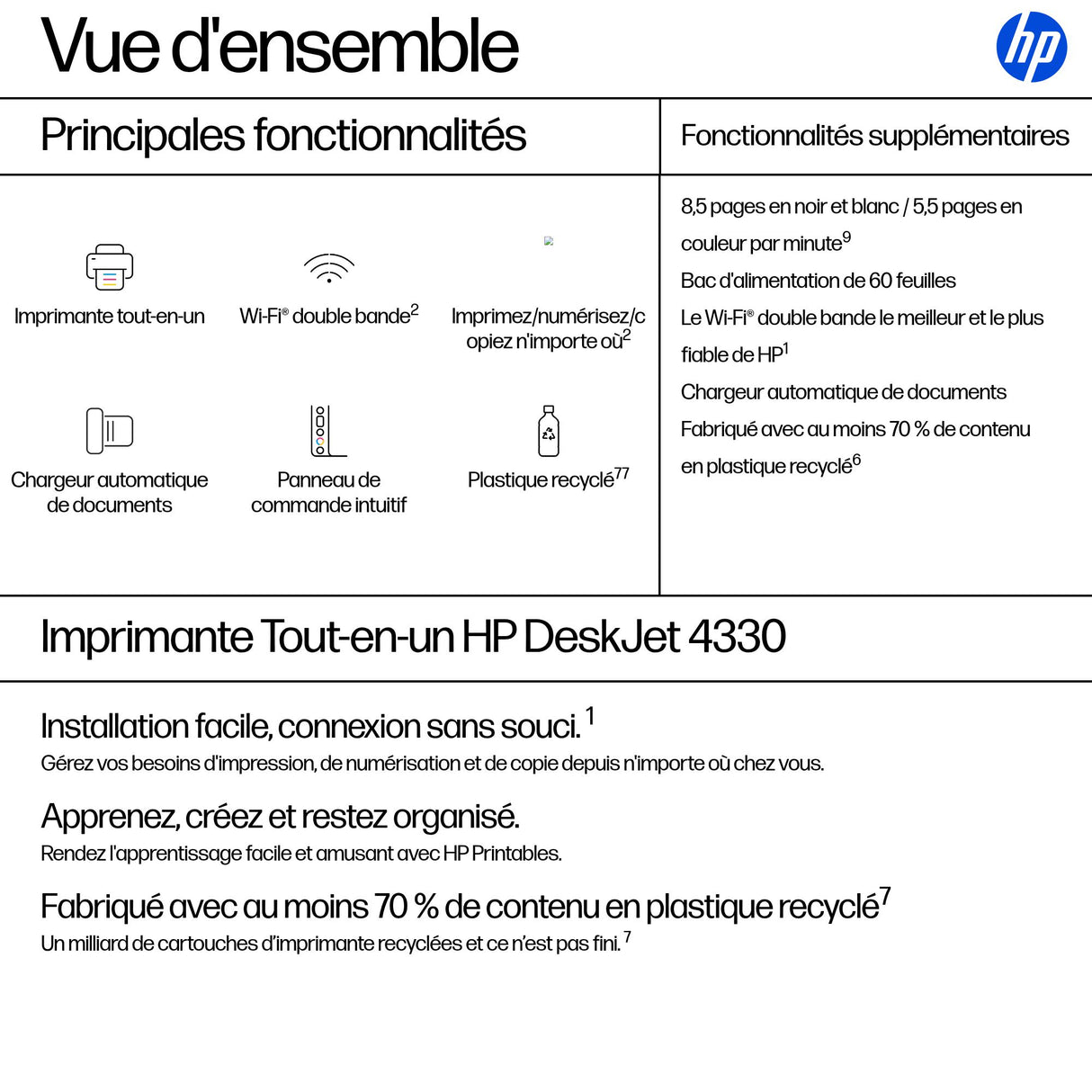 Imprimante tout-en-un HP DeskJet 4330 jet d'encre couleur - 3 mois d'Instant ink inclus avec HP+