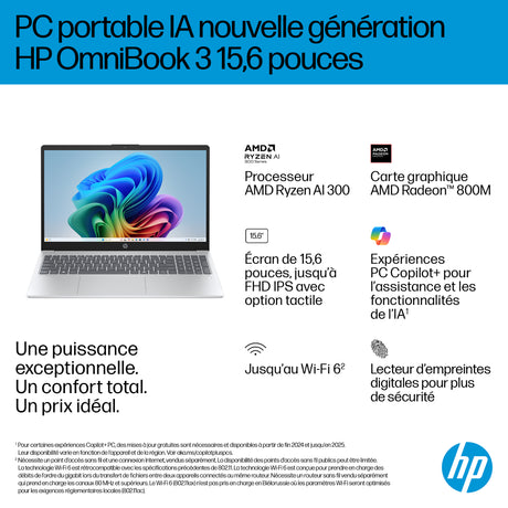 PC Portable HP Omnibook 3 15-fn0027nf - Windows 11 - 15,6 FHD IPS - Ryzen AI 5 330 - RAM 24Go - Stockage 512Go SSD - AZERTY