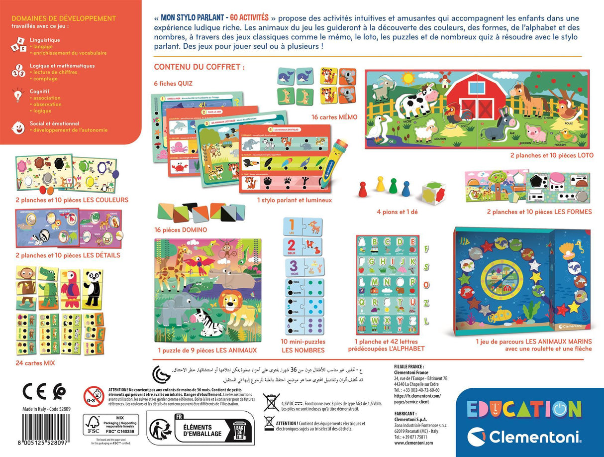 CLEMENTONI - Mon stylo interactif - 60 activités éducatives - Stylos lumineux et sonore - Fabriqué en Italie