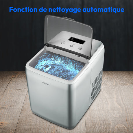Machine a glaçons cristallins – MEDION MD11950 – Réservoir eau 2,6L – 15kg/24h – 2 tailles – 10 minutes – Inox