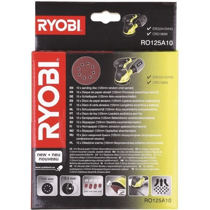 RYOBI - 10 disques diam. 125 mm auto-agrippants pour ponceuse excentrique, grain 100 / 120 / 240 / 320 - RO125A10