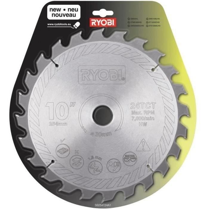 RYOBI - 24-tooth carbide blade, diam. 254 mm - 30 mm bore - 2.6 mm thickness for EMS254L / RTS1800 / EMS2026SCL... - SB254T24A1