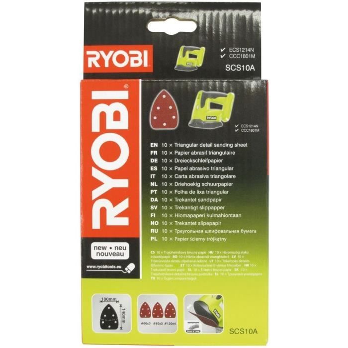 RYOBI - Assortiment 10 abrasifs auto-agrippants 140x100 pour ponceuse triangulaire R18PS-0 - SCS10A1