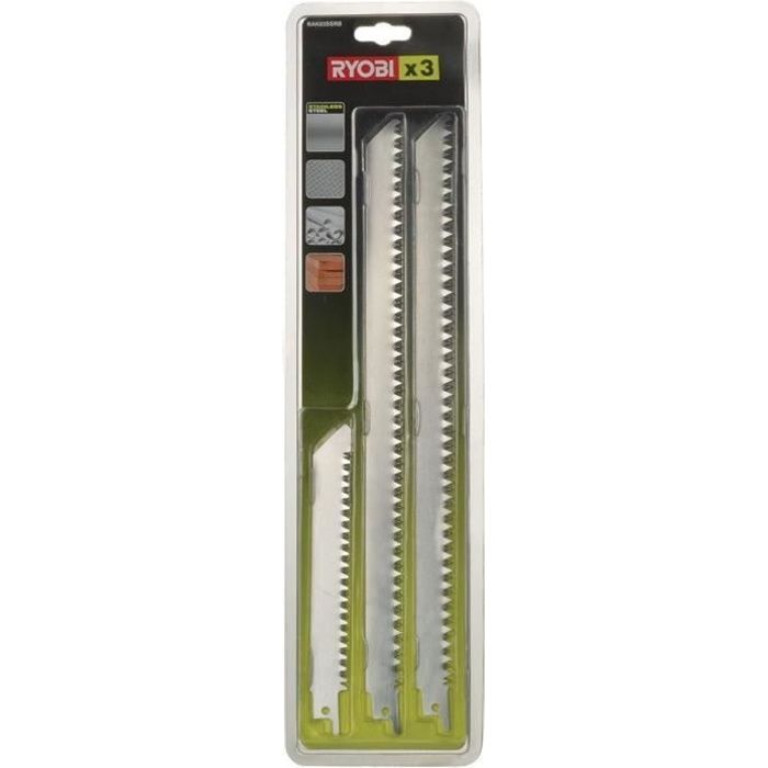 RYOBI - Blister 3 lames acier inox grande longueur 300 et 152 mm bois / plastique - emmanchement universel scie sabre - RAK03SSRB