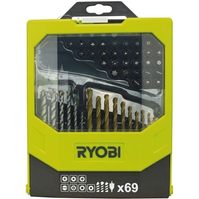 RYOBI - Box of 69 mixed accessories: wood, concrete &amp; metal drill bits + 43 25 mm bits + 1 bit holder - RAK69MIX