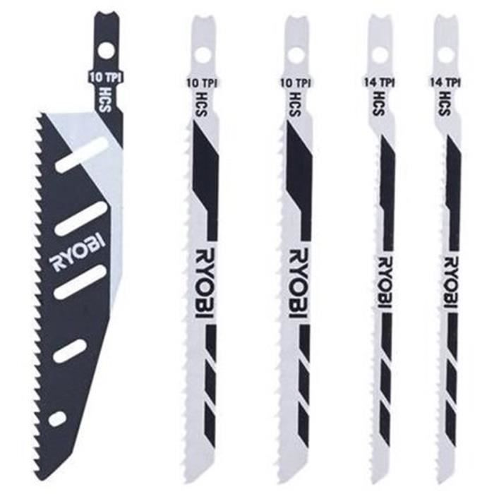 RYOBI - Carte 5 lames scie sauteuse FLUSHCUT bois 10 TPI, chantournage 14 TPI, inversé 10 TPI - RAK05JSBFC