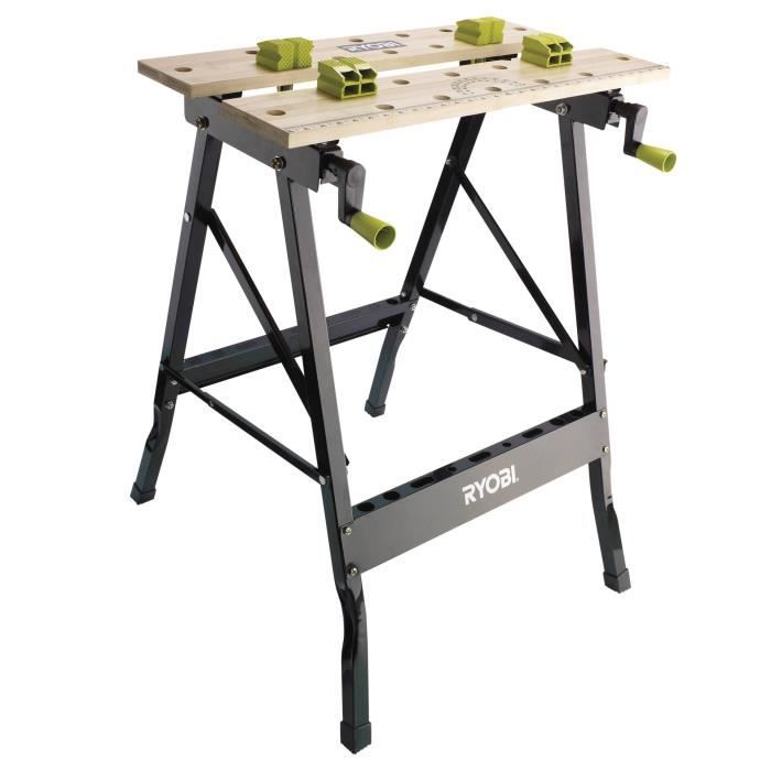 RYOBI - Etabli pliable table bambou 605 x 625 x 755 mm - 6 kg - LivrÈ avec 4 mors et 1 clÈ de service - RWB01