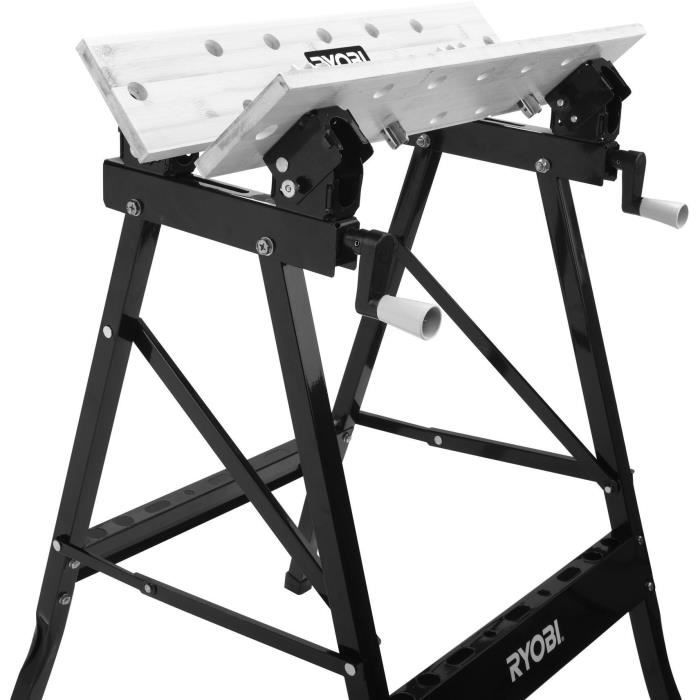 RYOBI - Etabli pliable orientable a 90∞ - table bambou 605 x 625 x 790 mm - 6,5 kg - LivrÈ avec 4 mors et 1 clÈ de service - RWB02