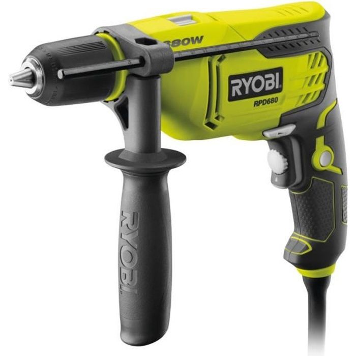 RYOBI - Perceuse a percussion 680 W - 3 000 cp/min - mandrin 13 mm - blocage d'arbre auto + coffret & butÈe de profondeur - RPD680-K