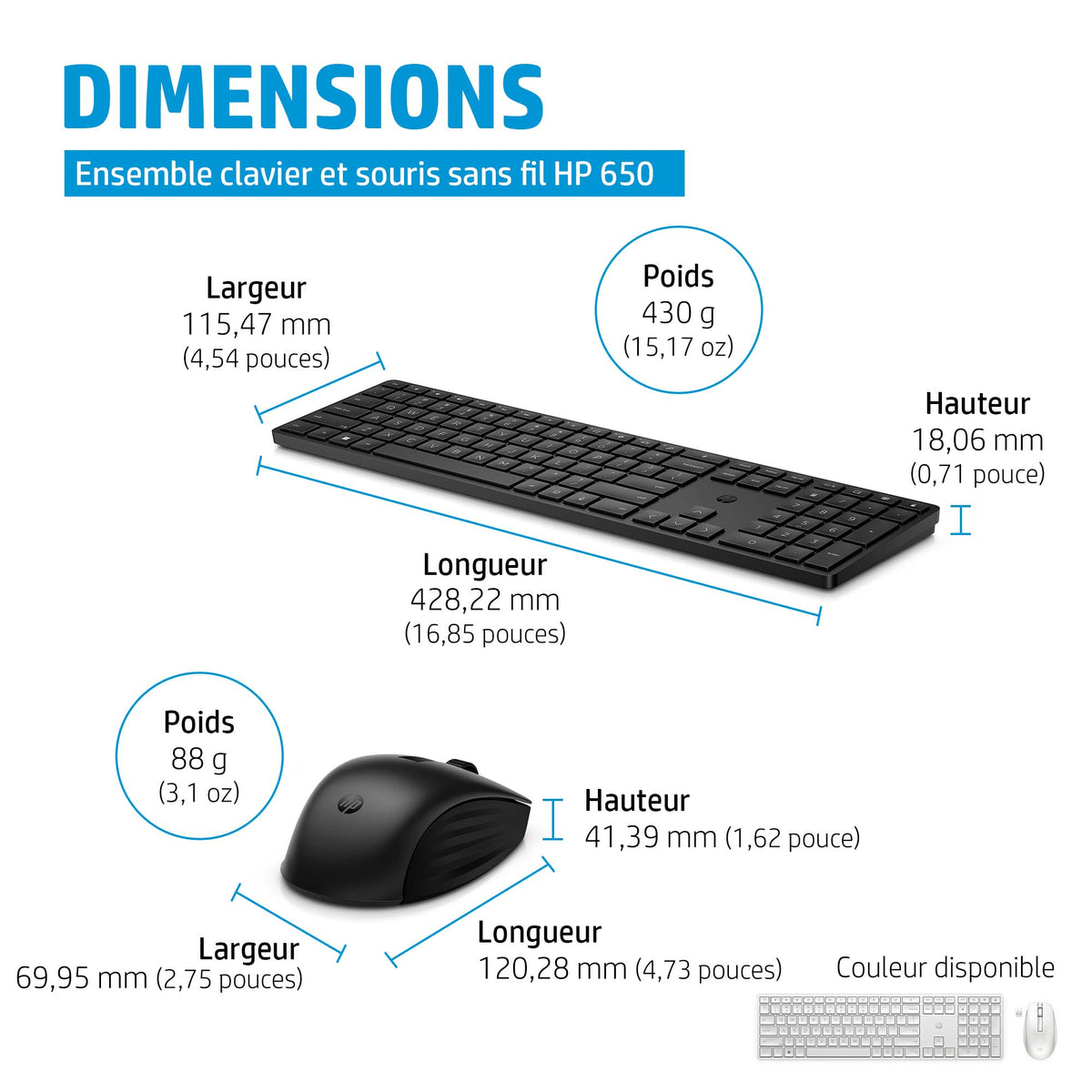 Ensemble Clavier Souris sans fil HP 650 - AZERTY - Noir