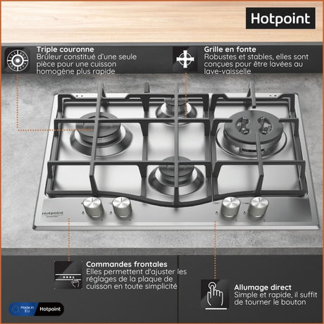 Plaque de cuisson Gaz - HOTPOINT - 4 foyers - L 60 x P51 cm - PNN 641 IX