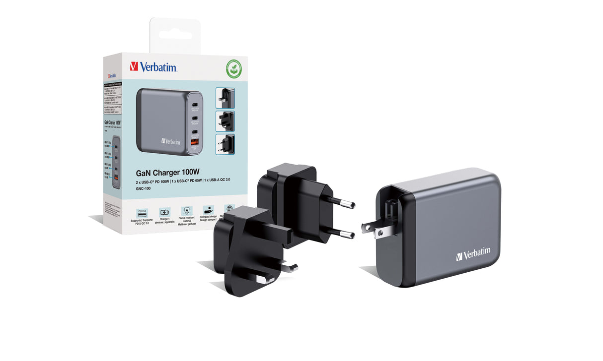 Chargeur secteur Verbatim GNC 2x ports USB-A + 2x ports USB-C 100W (Noir)