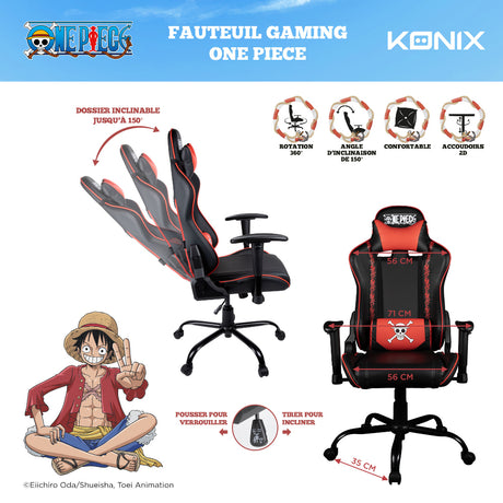 Chaise de bureau gaming - KONIX - One Piece - Inclinaison siege 150° - Cuir - Coussin lombaires et cervicaux réglable - Noir