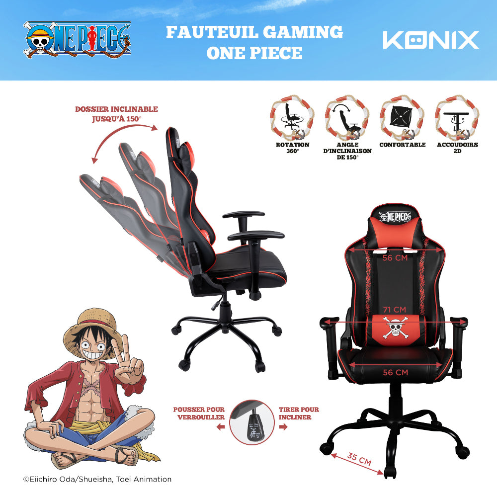 Chaise de bureau gaming - KONIX - One Piece - Inclinaison siege 150° - Cuir - Coussin lombaires et cervicaux réglable - Noir