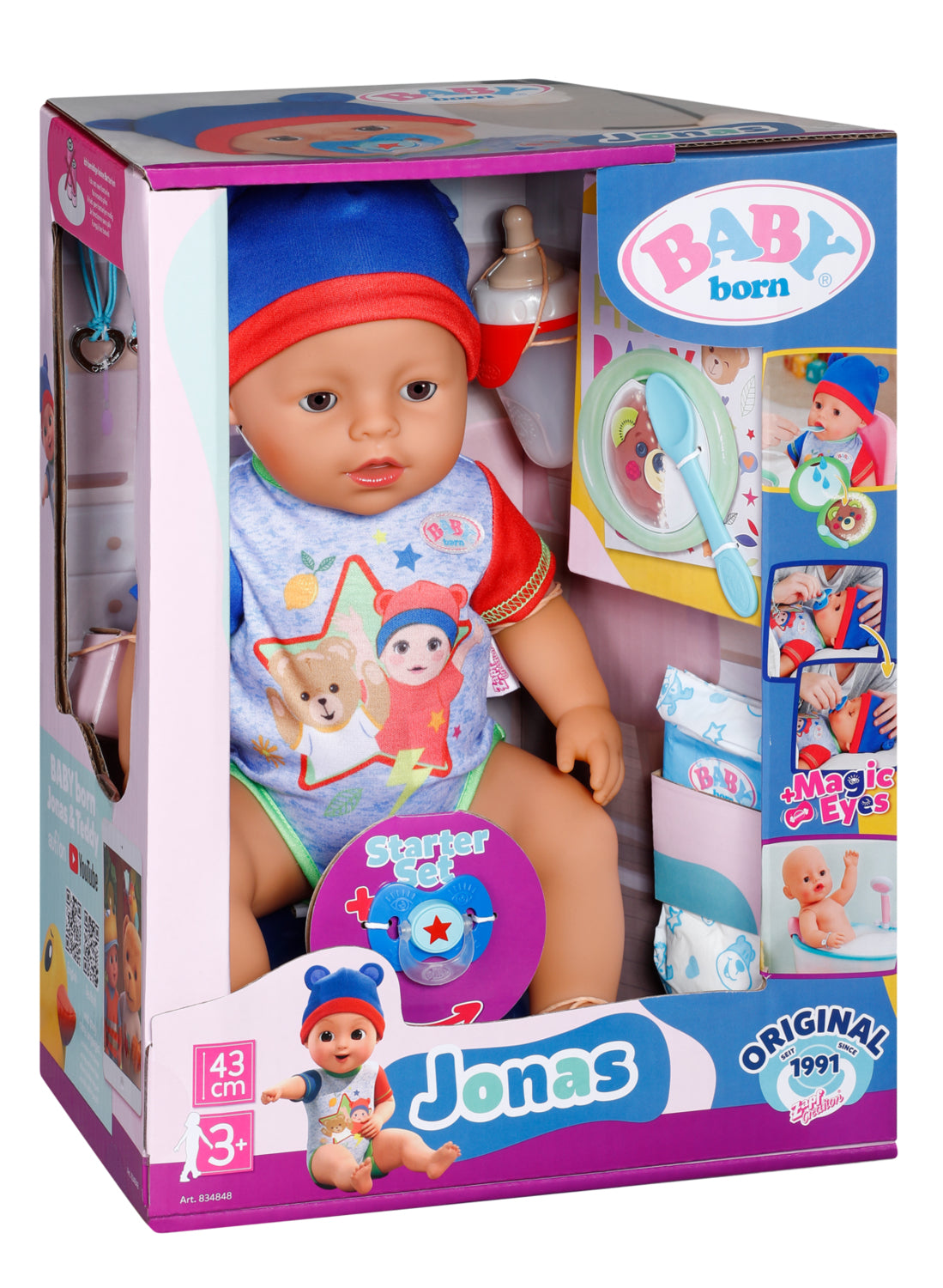 Poupon - BABY BORN - Jonas - 10 fonctions réalistes - 10 accessoires - Bleu et Rouge - 43cm - Des 3 ans