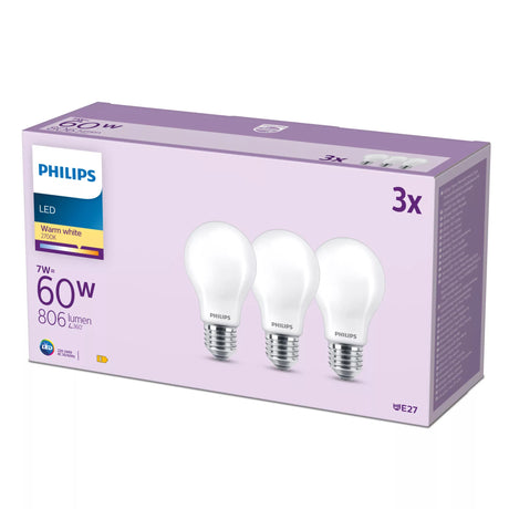 Ampoule LED - PHILIPS - Classic - 60 W - A60 E27 - Blanc chaud - Non dimmable x 3