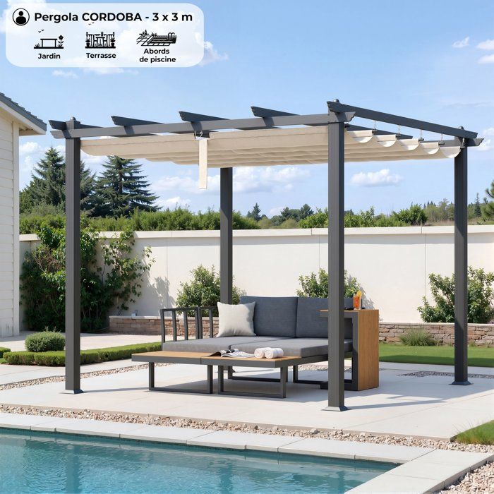 Pergola toit rétractable - CORDOBA -  Structure en aluminium - Toile en polyester - Beige - 3 x 3 m