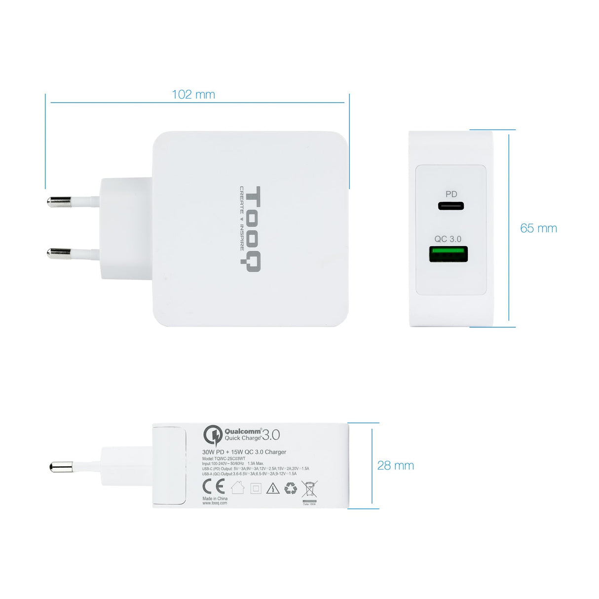 Chargeur secteur TooQ 1x port USB-A + 1x port USB-C 27W (Noir)