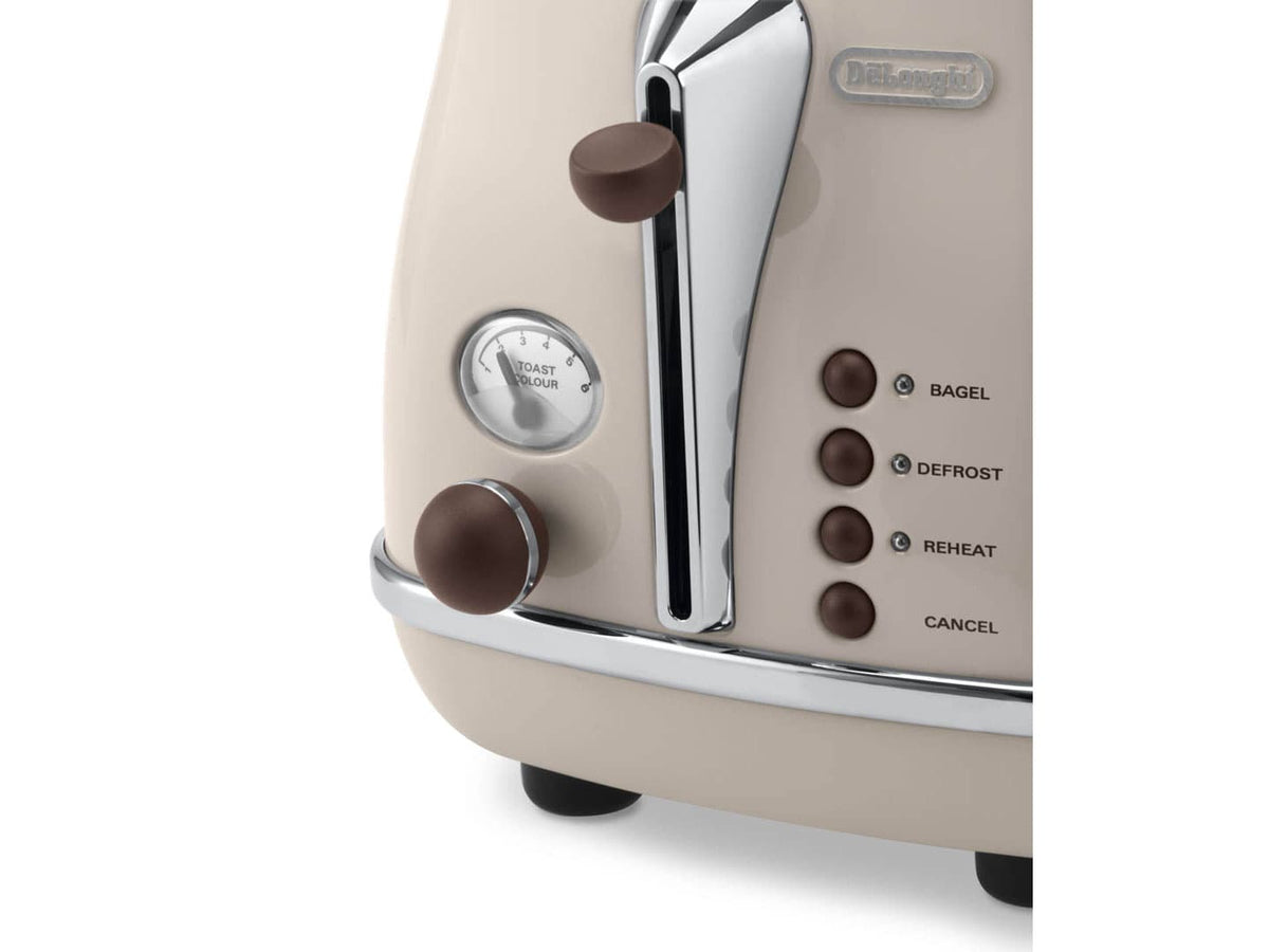 Grille pain - Delonghi - Icona Vintage - 2 tranches - 6 positions - Beige brillant / Base et poignée Chocolat