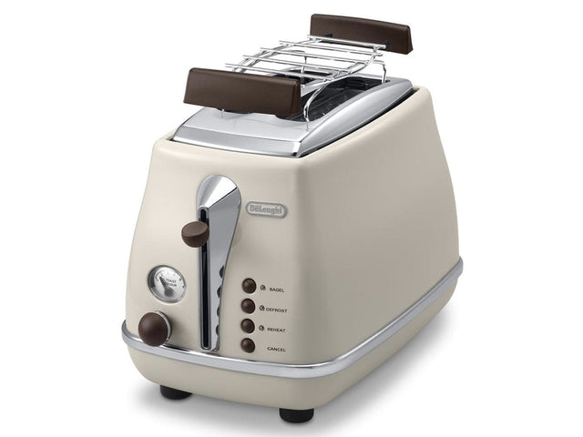 Grille pain - Delonghi - Icona Vintage - 2 tranches - 6 positions - Beige brillant / Base et poignée Chocolat