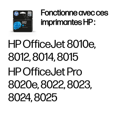 HP 912 Cartouche d'encre cyan authentique (3YL77AE) pour HP OfficeJet 8010/Pro 8020