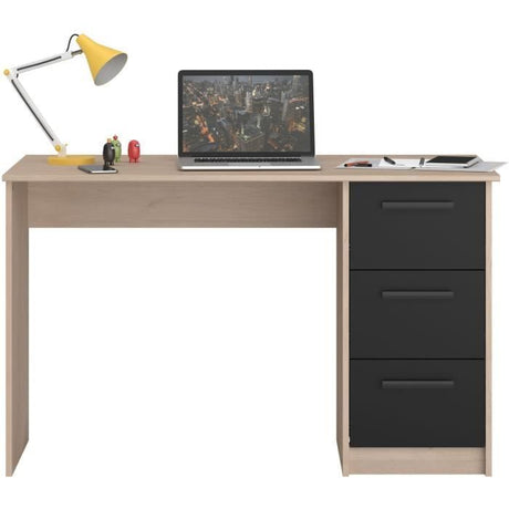 PARISOT Bureau droit 3 tiroirs - Décor chene/noir - L 121,4 x P 55 x H 74.5 cm - ESSENTIEL
