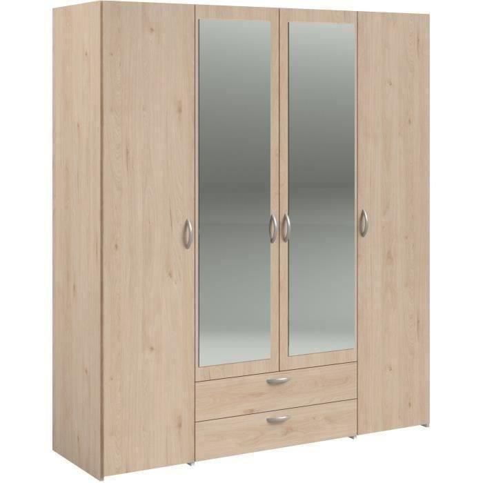 Armoire VARIA - DÈcor chene - 4 portes - 2 tiroirs - Portes centrales avec miroirs - 159,9 x 185 x 51,7